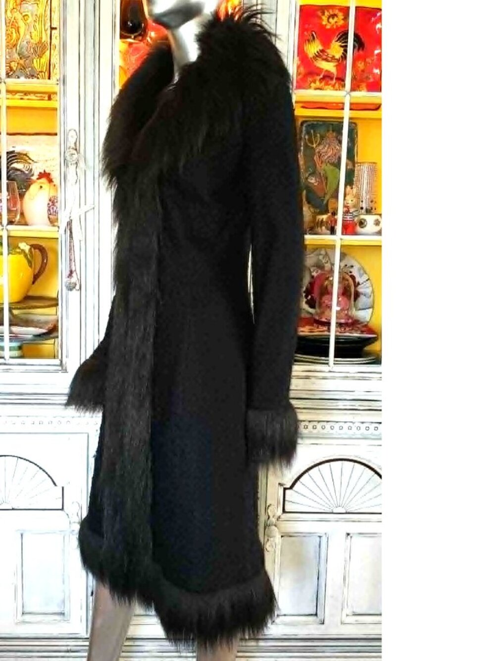 Vintage Betsey Johnson New York 90s Black Faux Fur Long Midi Duster Coat Jacket - Picture 13 of 16